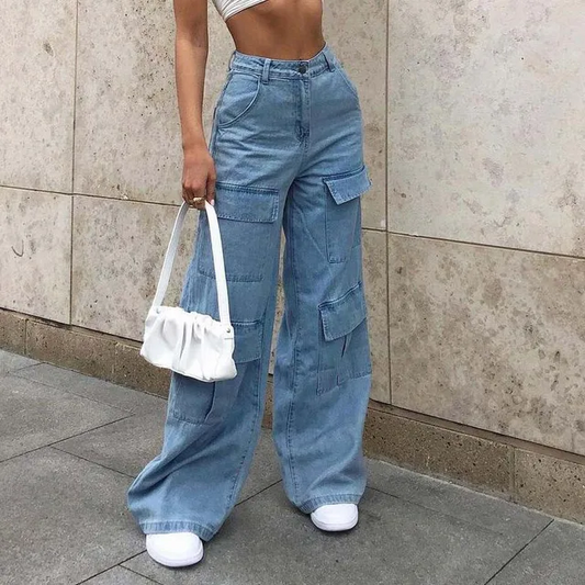 Women’s Cargo Jeans – Relaxed Baggy Fit – Full Length – Denim – Utility Style