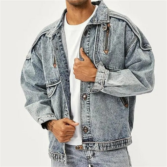 Men’s Denim Jacket – Relaxed Fit – Button Front – Flap Pockets – Shoulder Zippers