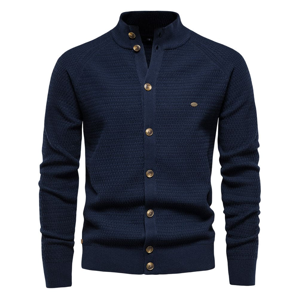 Men’s Sweater – Slim Fit – Ribbed High Collar – Button Front – Textured Knit