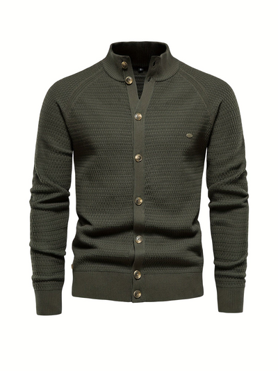 Men’s Sweater – Slim Fit – Ribbed High Collar – Button Front – Textured Knit