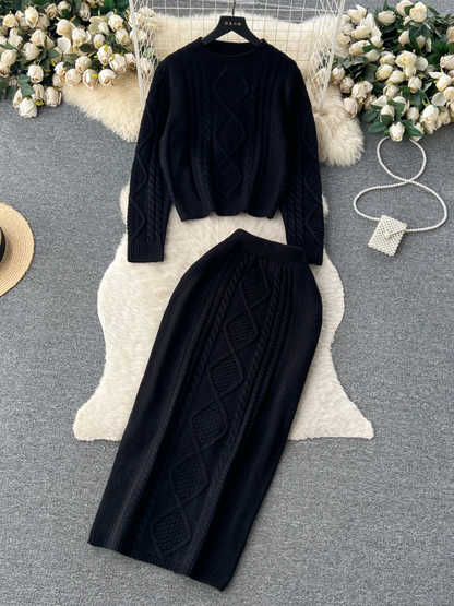 Women’s Knit Skirt Set – Wool Texture – Cable Knit – Slim Fit Midi Skirt – Relaxed Top