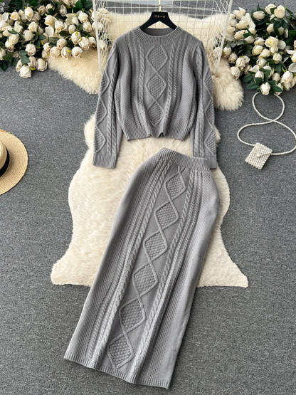 Women’s Knit Skirt Set – Wool Texture – Cable Knit – Slim Fit Midi Skirt – Relaxed Top