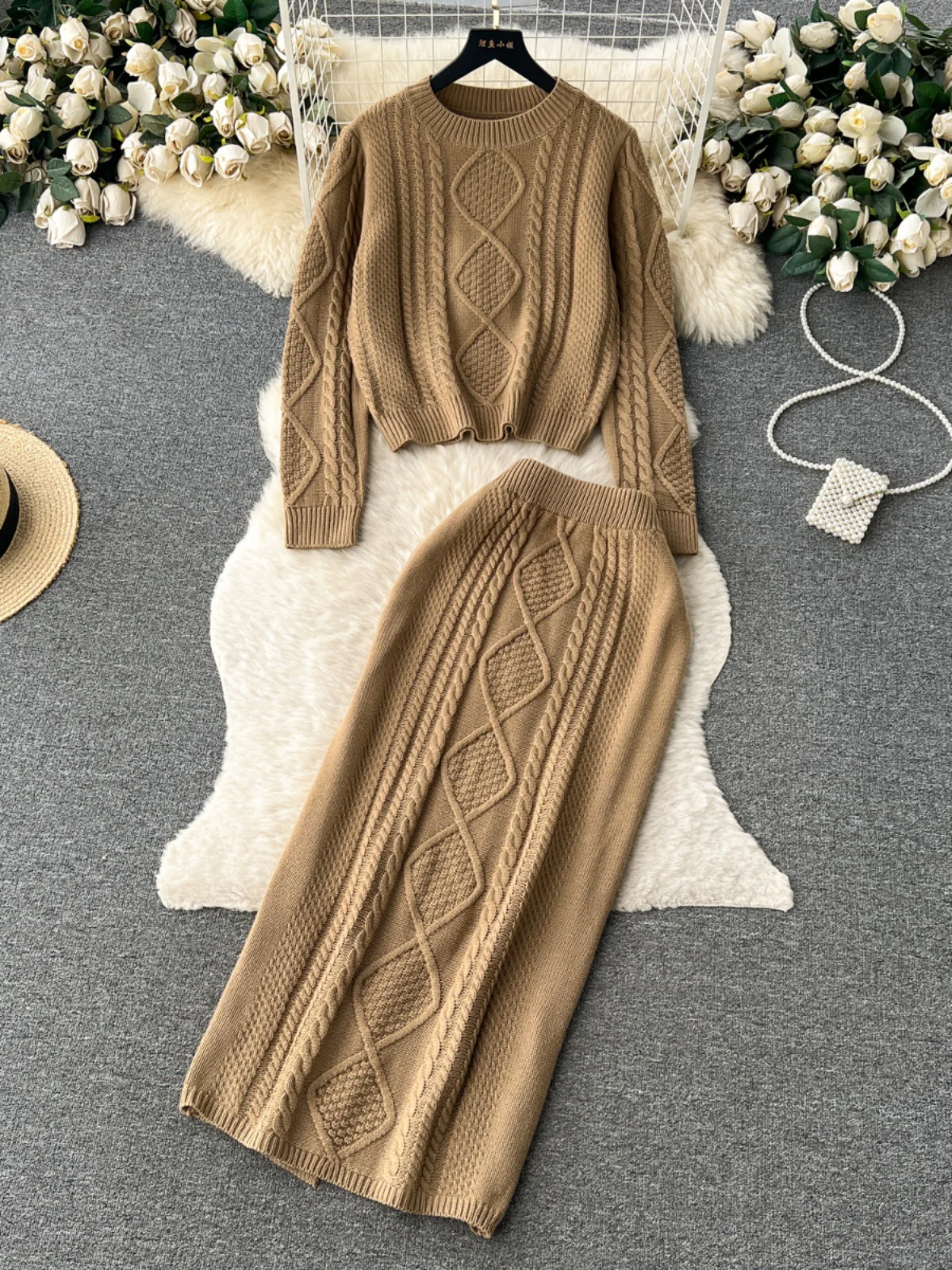 Women’s Knit Skirt Set – Wool Texture – Cable Knit – Slim Fit Midi Skirt – Relaxed Top