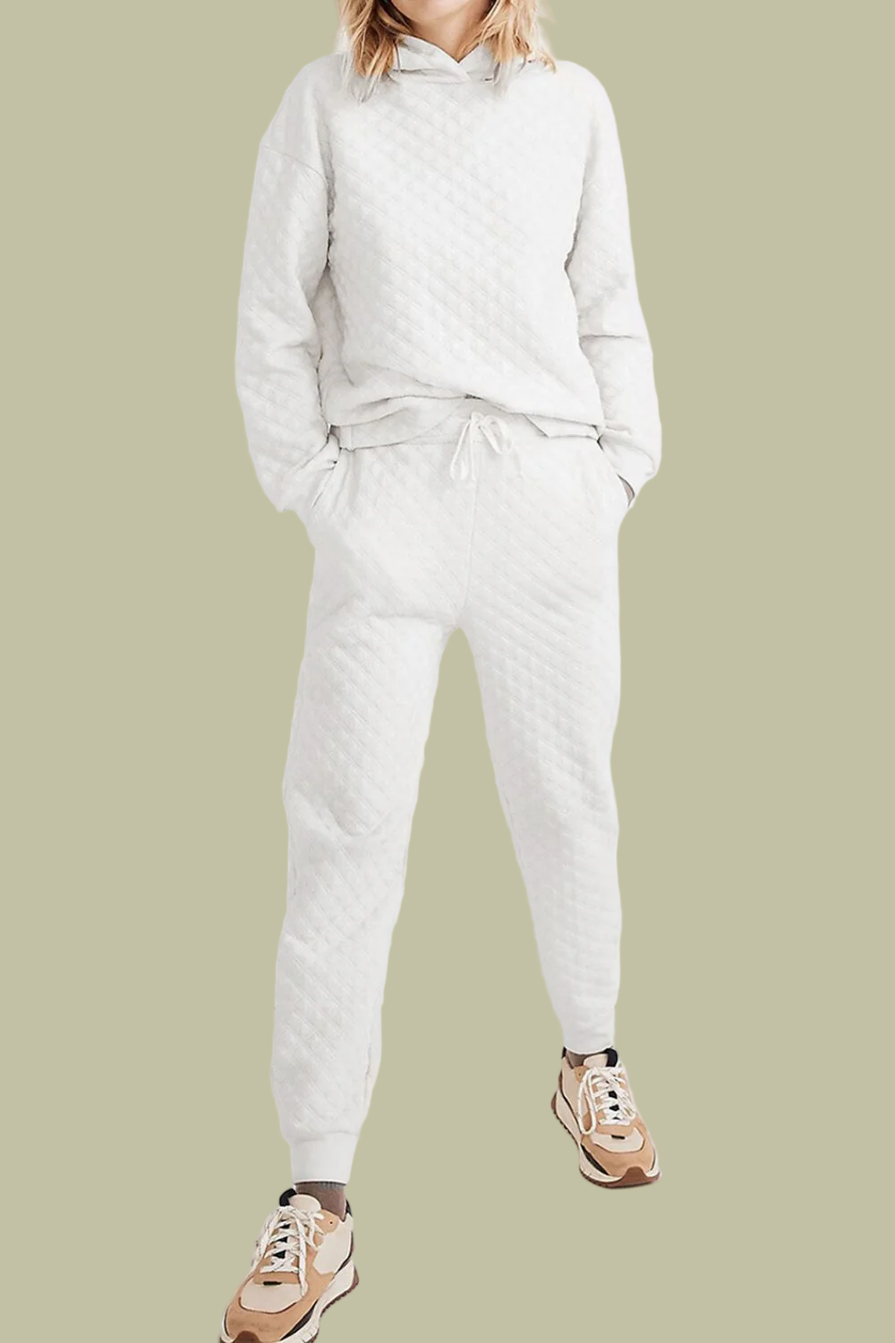 Women’s Quilted Hooded Trousers Set – Relaxed Fit – Drawstring Waist – Tapered Full Length