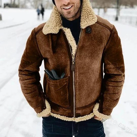 Men’s Bomber Jacket – Structured Fit – Suede Look – Shearling Collar & Cuffs – Zip Closure