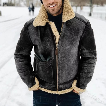 Men’s Bomber Jacket – Structured Fit – Suede Look – Shearling Collar & Cuffs – Zip Closure