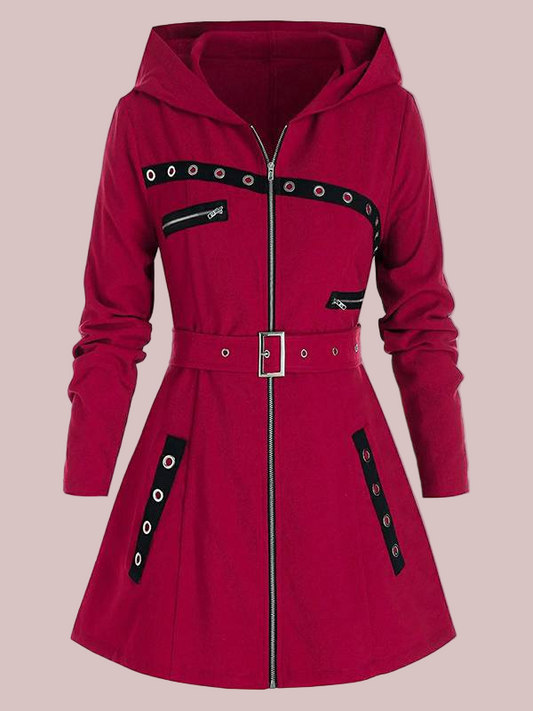 Women’s Hooded Coat – Tailored Regular Fit – Wool Feel – Belted A-Line – Zip Front