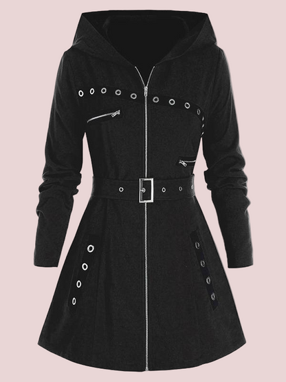 Women’s Hooded Coat – Tailored Regular Fit – Wool Feel – Belted A-Line – Zip Front