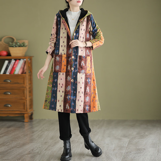 Women’s Cardigan – Loose Fit – Mid Length – Patterned Panels – Hooded – Button Front – Cotton Blend