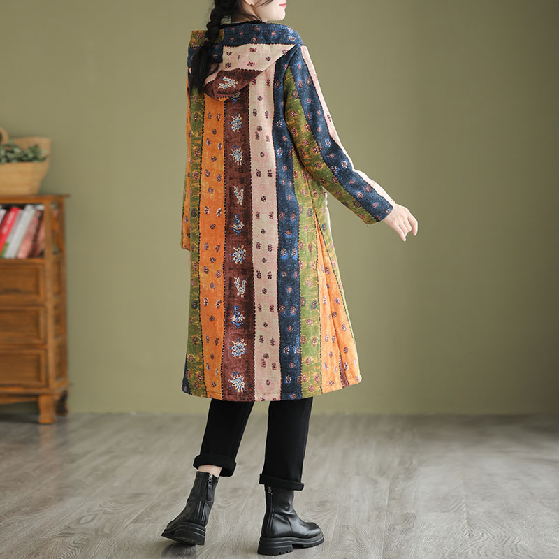 Women’s Cardigan – Loose Fit – Mid Length – Patterned Panels – Hooded – Button Front – Cotton Blend