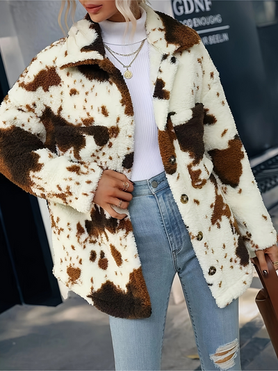 Women’s Overshirt Coat – Plush Fleece – Relaxed Fit – Bold Print – Button Front