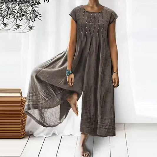 Women’s Jumpsuit – Loose Fit – Short Sleeve – Natural Fibers – Flowing Silhouette