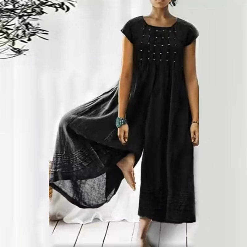 Women’s Jumpsuit – Loose Fit – Short Sleeve – Natural Fibers – Flowing Silhouette