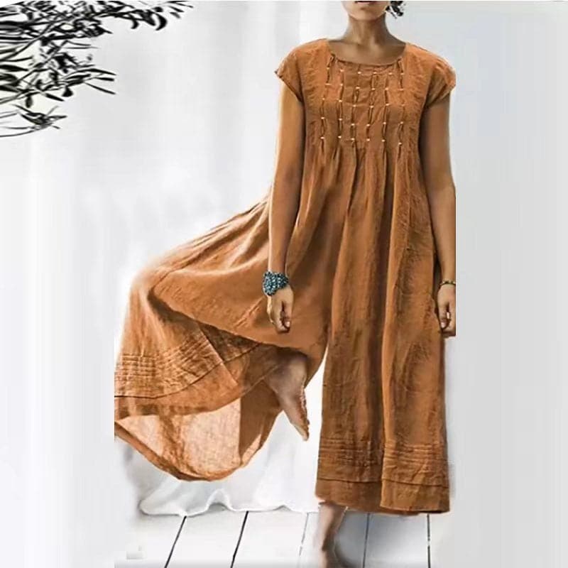 Women’s Jumpsuit – Loose Fit – Short Sleeve – Natural Fibers – Flowing Silhouette