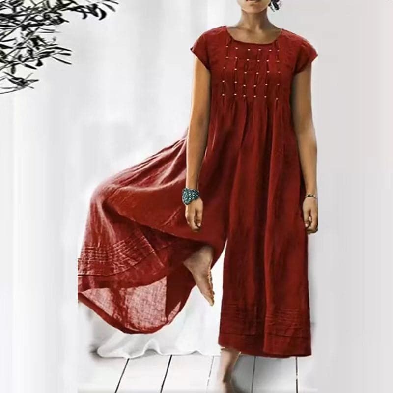 Women’s Jumpsuit – Loose Fit – Short Sleeve – Natural Fibers – Flowing Silhouette