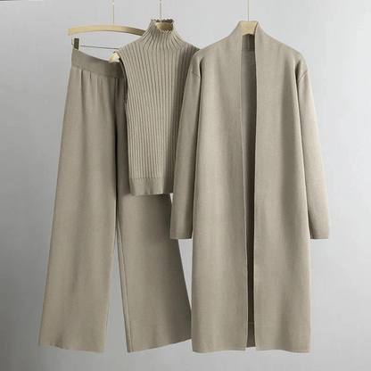 Women’s 3-Piece Knit Set – Ribbed Sleeveless Top – Wide Leg Pants – Longline Open Cardigan
