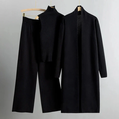 Women’s 3-Piece Knit Set – Ribbed Sleeveless Top – Wide Leg Pants – Longline Open Cardigan