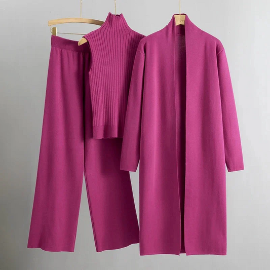 Women’s 3-Piece Knit Set – Ribbed Sleeveless Top – Wide Leg Pants – Longline Open Cardigan
