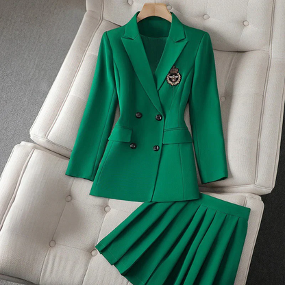 Women’s Blazer & Skirt Set – Slim Fit Double-Breasted Blazer – Crest Detail – Pleated Mini Skirt – Wool Blend