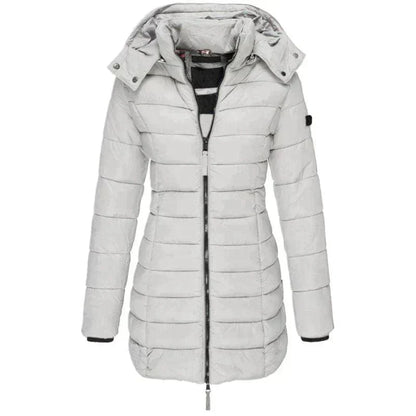 Womens long puffer jacket with hood and zipper closure