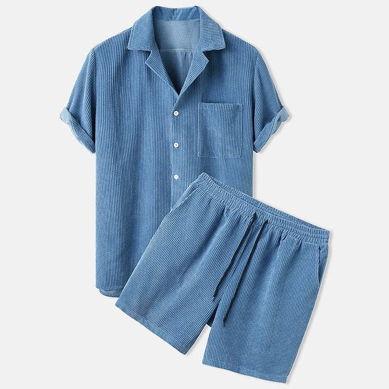 Men’s Shirt and Shorts Set – Relaxed Fit – Breathable Blend – Open Collar Casual Style