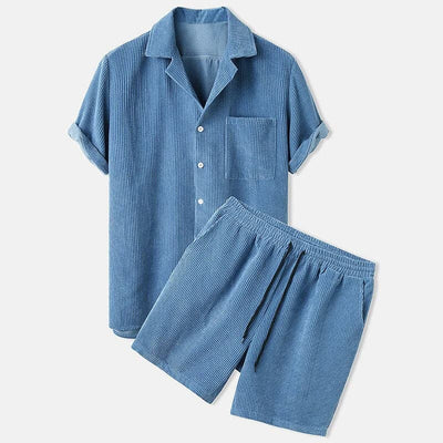 Men’s Shirt and Shorts Set – Relaxed Fit – Breathable Blend – Open Collar Casual Style