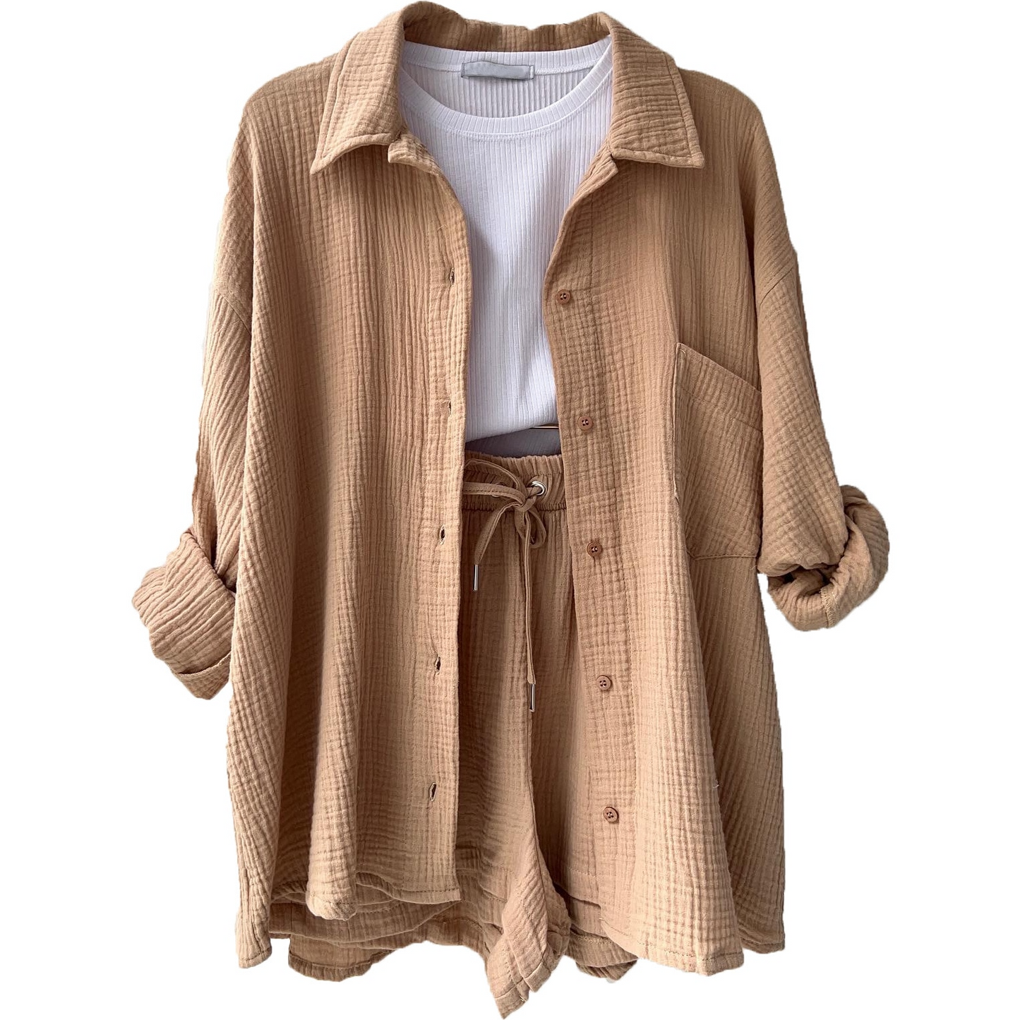 Women's Co-Ord Set - Oversized Button-Up Shirt & Drawstring Shorts - Relaxed Fit