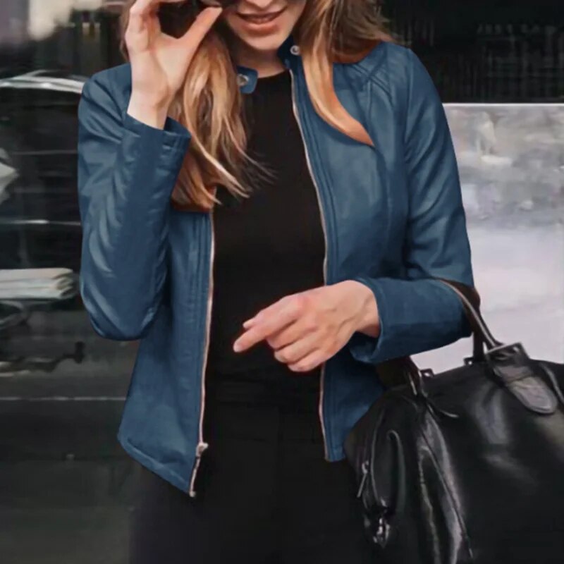 Women’s Jacket – Slim Fit Faux Leather – Cropped Length – Zip Front – Stand Collar