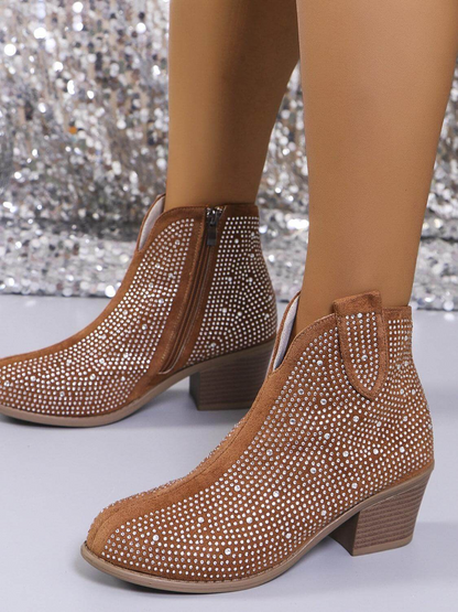 Women’s Ankle Boots – Rhinestone Embellished – Block Heel – Pointed Toe – Side Zip