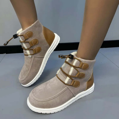 Women’s Ankle Boots – Faux Fur Lined – Suede – Flat Sole – Buckle Strap Detail