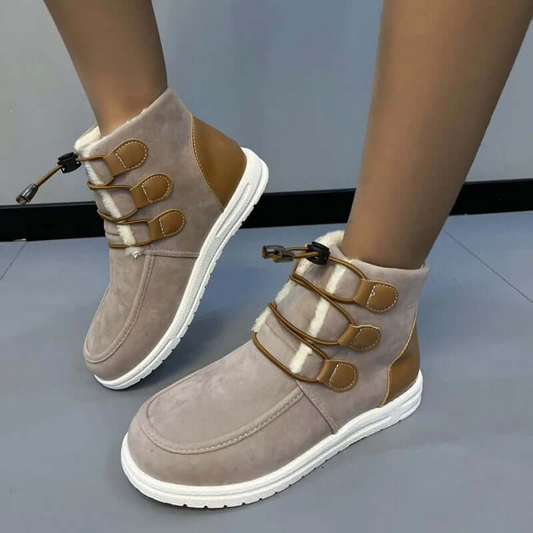 Women’s Ankle Boots – Faux Fur Lined – Suede – Flat Sole – Buckle Strap Detail