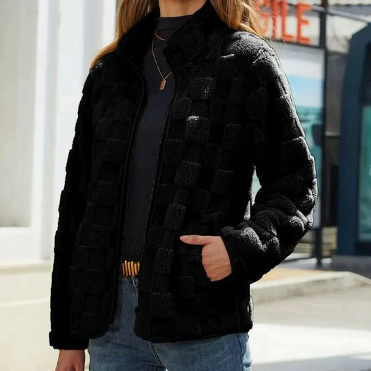 Women’s Fleece Jacket – Relaxed Fit – Stand Collar – Zip Front – Textured Pattern