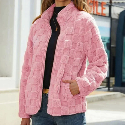 Women’s Fleece Jacket – Relaxed Fit – Stand Collar – Zip Front – Textured Pattern