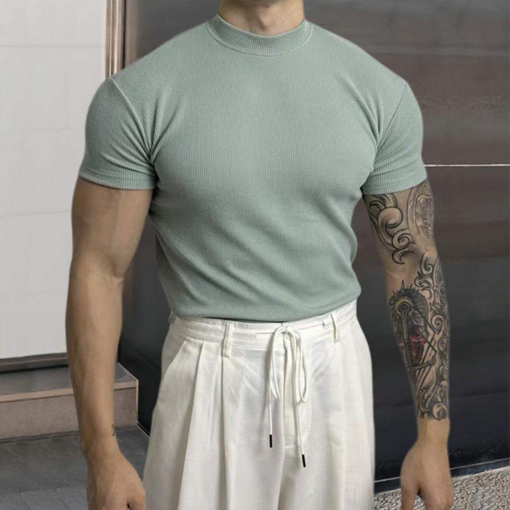 Men’s Fitted Ribbed Knit Top - Short Sleeve - Mock Neck - Breathable Stretch Fabric