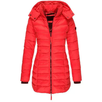 Womens long puffer jacket with hood and zipper closure