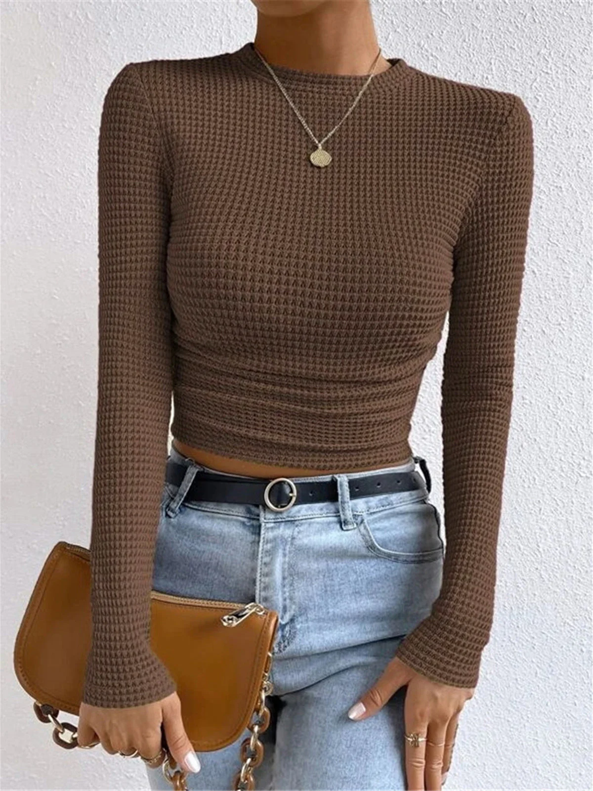 Women’s Cropped Sweatshirt – Slim Fit – Waffle Knit – Long Sleeve – High Neck
