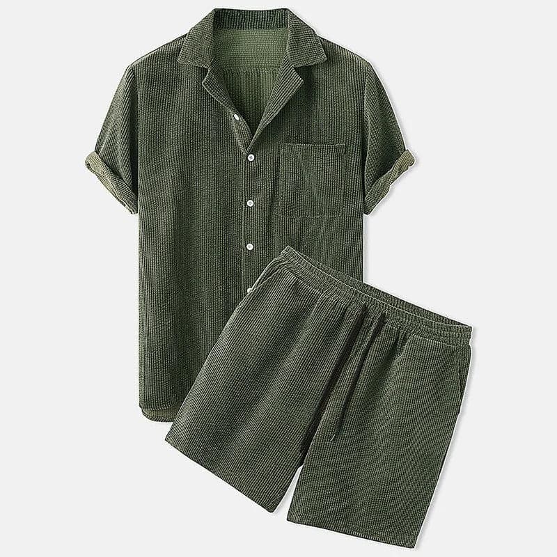 Men’s Shirt and Shorts Set – Relaxed Fit – Breathable Blend – Open Collar Casual Style