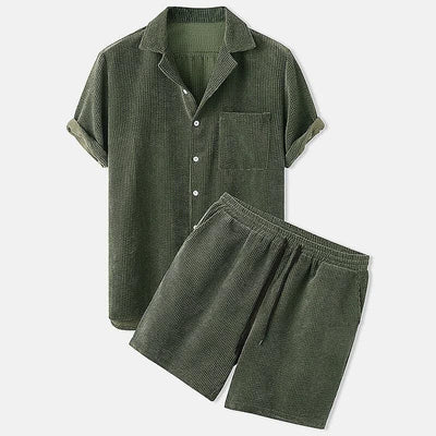 Men’s Shirt and Shorts Set – Relaxed Fit – Breathable Blend – Open Collar Casual Style