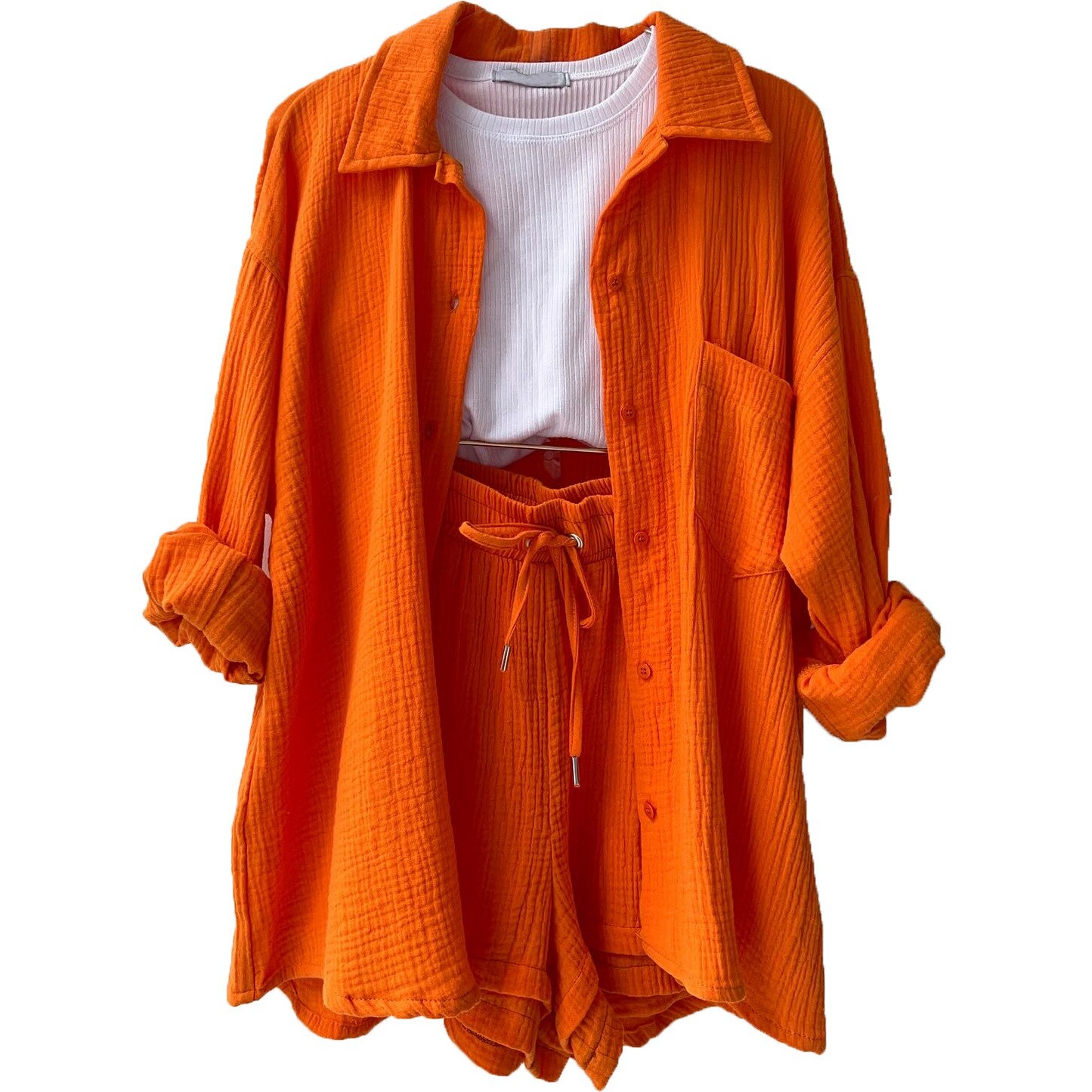 Women's Co-Ord Set - Oversized Button-Up Shirt & Drawstring Shorts - Relaxed Fit