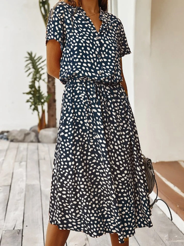 Women’s Midi Dress – Relaxed Fit – Button Front – Short Sleeve – Breathable Blend