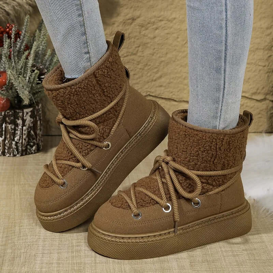 Women’s Snow Boots – Mid-Calf – Faux Fur Trim – Lace-Up – Waterproof Sole – Wool Blend