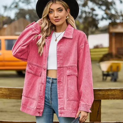 Women’s Denim Jacket – Oversized Fit – Button Down – Chest Pockets – Hip Length Casual