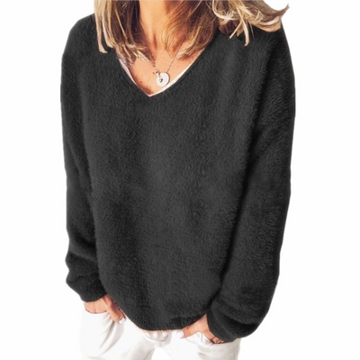 Women’s V-Neck Sweatshirt – Relaxed Fit – Fuzzy Knit – Long Sleeve Casual Style