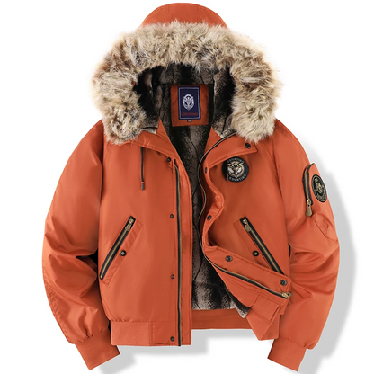 Men’s Bomber Jacket – Faux Fur Hood – Quilted Lining – Casual Fit – Zipped Pockets