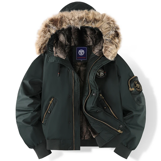 Men’s Bomber Jacket – Faux Fur Hood – Quilted Lining – Casual Fit – Zipped Pockets