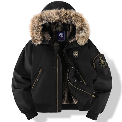 Men’s Bomber Jacket – Faux Fur Hood – Quilted Lining – Casual Fit – Zipped Pockets