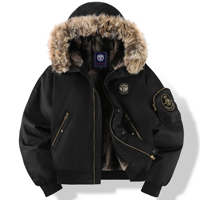Men’s Bomber Jacket – Faux Fur Hood – Quilted Lining – Casual Fit – Zipped Pockets
