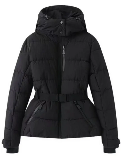 Women’s Ski Jacket – Quilted Puffer – Waterproof – Belted Waist – Hood