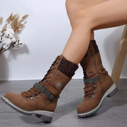 Women’s Boots – Mid Calf – Side Zip – Rib Knit Cuff – Lug Sole – Lace-Up