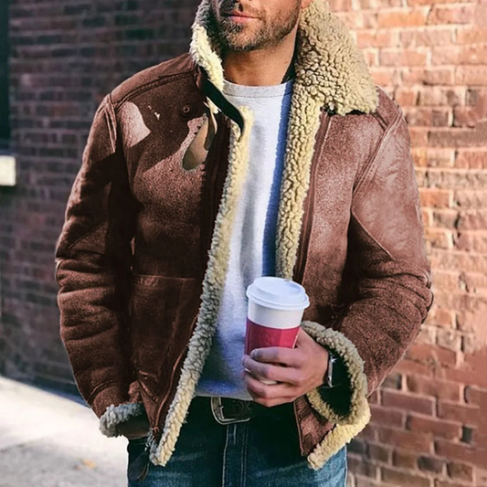 Men’s Jacket – Faux Leather – Fur Lined – Structured Fit – Hip Length Casual Style